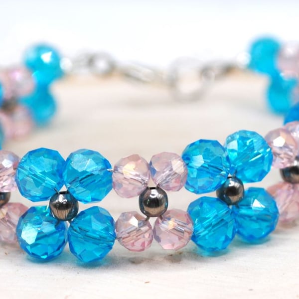 Turquoise and Pink Facetted Glass Bead Bracelet. Free UK Postage