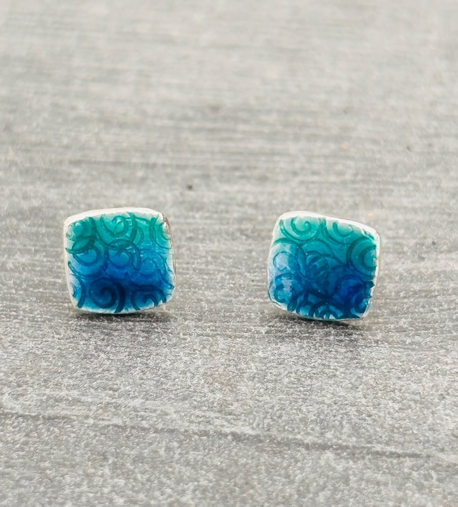 Image of Enamel square studs. Blue and turquoise enamel studs, enamel earrings, spirals, 