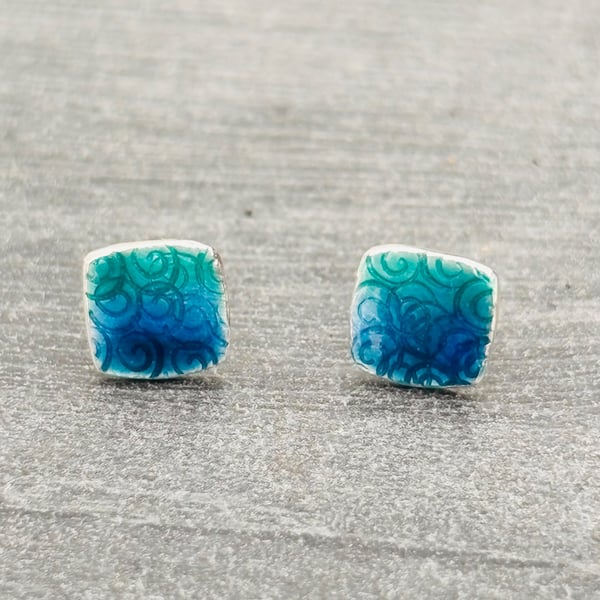 Enamel square studs. Blue and turquoise enamel studs, enamel earrings, spirals, 