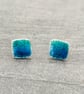 Enamel square studs. Blue and turquoise enamel studs, enamel earrings, spirals, 