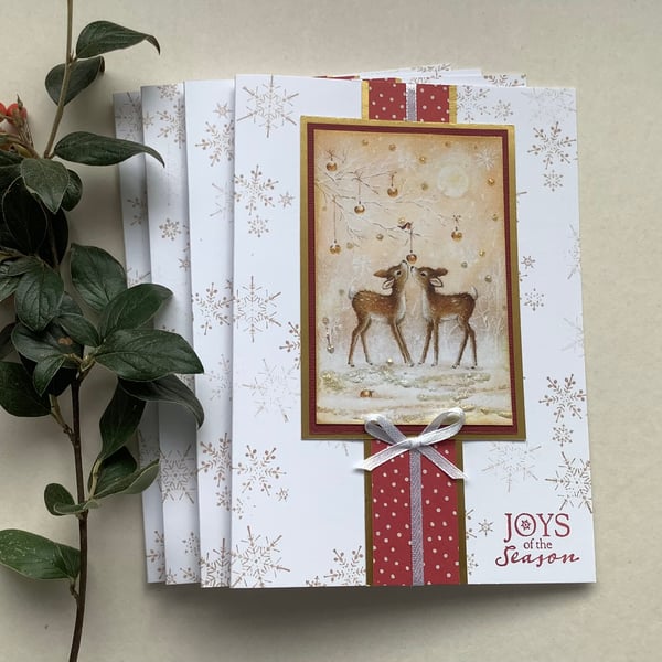  CHRISTMAS CARDS,( pack of 4, large ) Deer . Nature . Traditional. Red, gold.