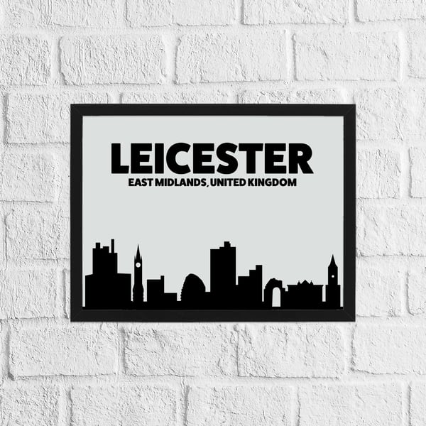 Skyline silhouette of Leicester, East Midlands, UK, grey and black print