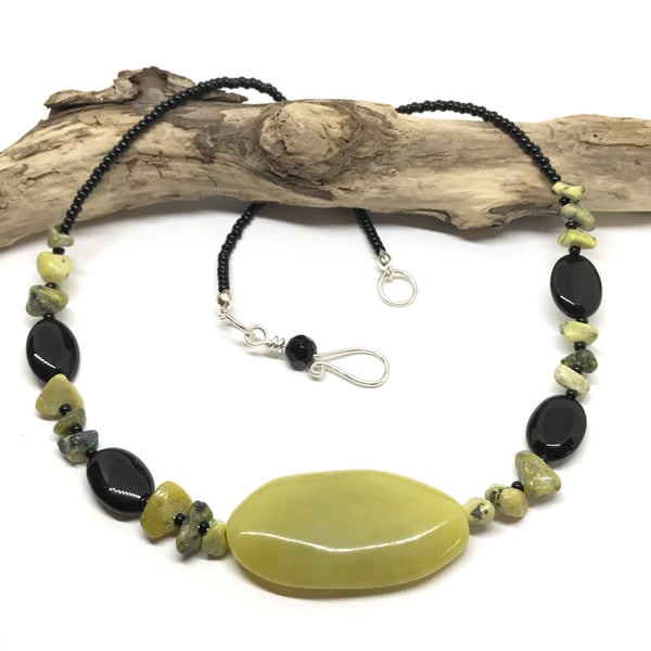 Jade, Black Agate and Yellow Turquoise Gemstone Statement Necklace