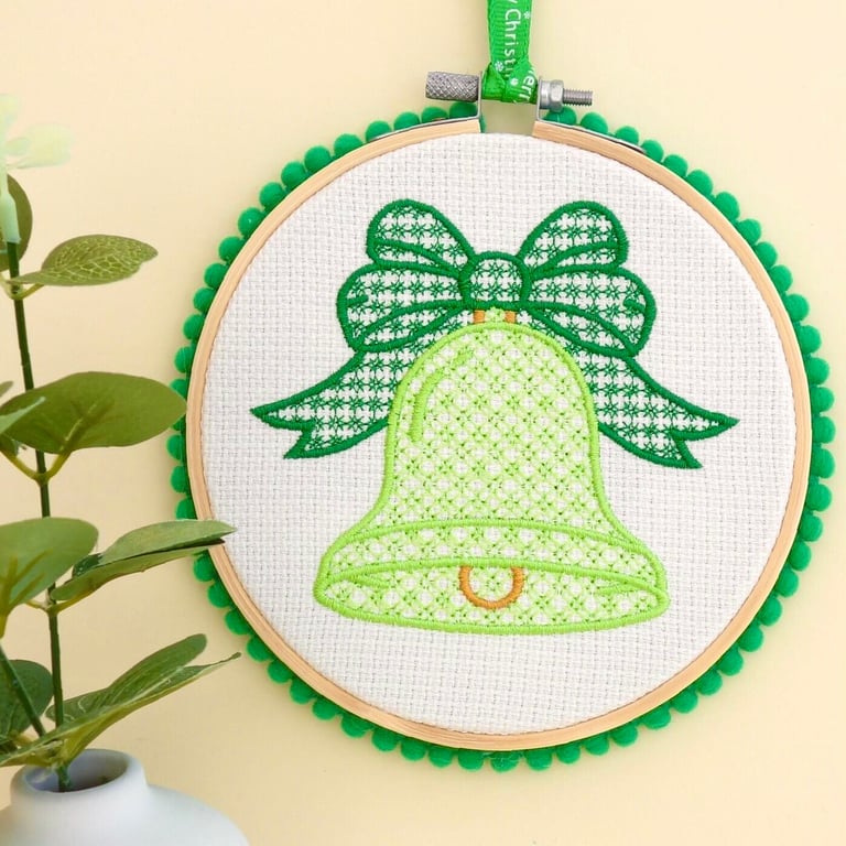 Christmas Decoration Ornament: Embroidered Hoop 14cm (5.5") Green Bell