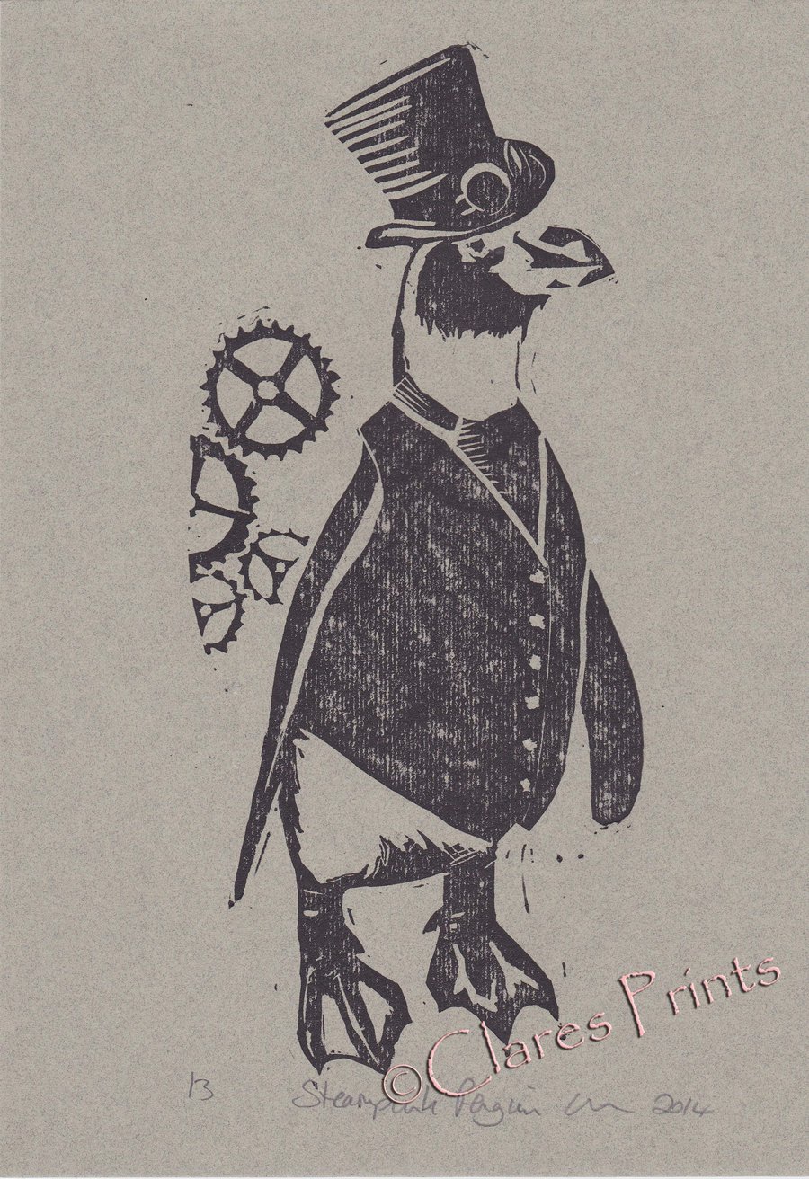 Steampunk Penguin Open Edition Hand-Pulled Linocut Print 