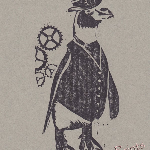 Steampunk Penguin Open Edition Hand-Pulled Linocut Print 