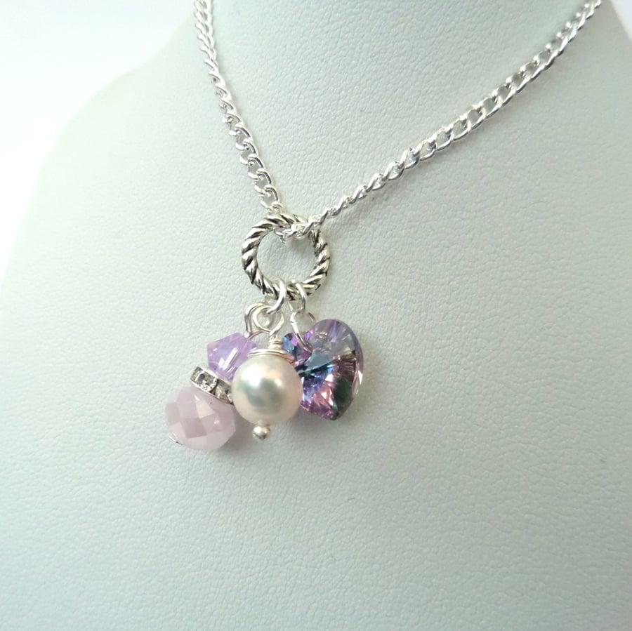 Pearl & pink crystal cluster necklace, with Swarovski crystal
