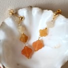 Orange Aventurine Clover Gemstone Gold Stud Dangle Earrings: Peach Floral