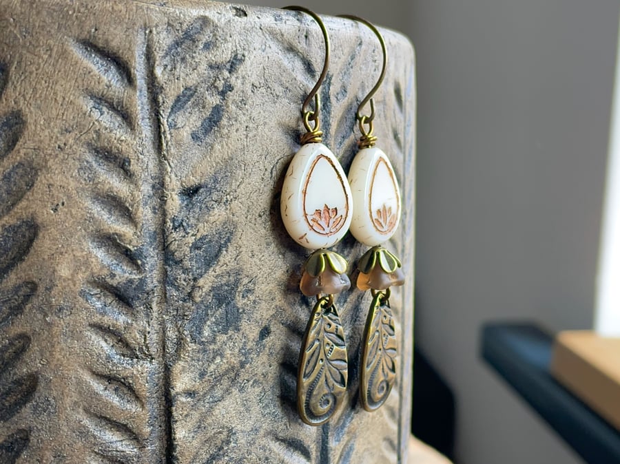 Lotus Blossom Bead Earrings. Bohemian Style Teardrop Earrings. Brass Earrings