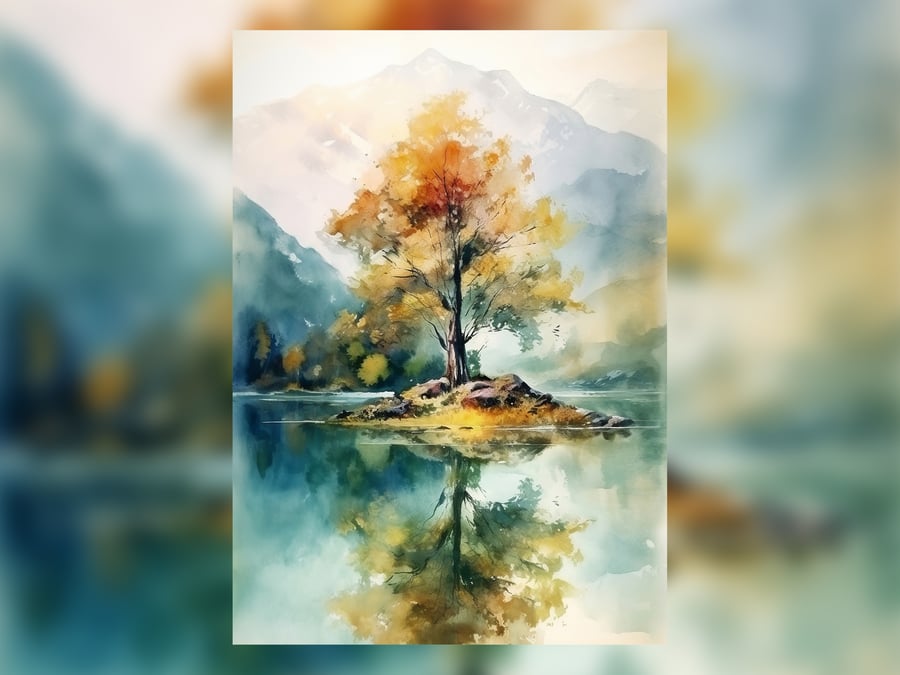 Lone Tree on Island, 5"x7" Watercolor Painting Print, Serene Nature Scene