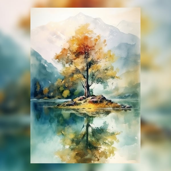 Lone Tree on Island, 5"x7" Watercolor Painting Print, Serene Nature Scene