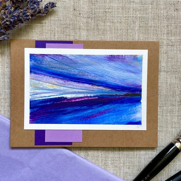Abstract greeting card, original artwork, abstract art, blue and purple acrylic.