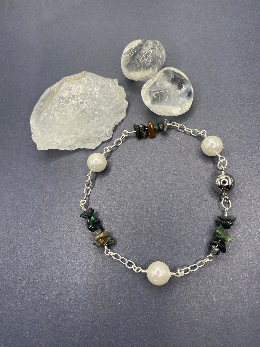 Silver plated chain bracelet with black Ethiopian opal nuggets and shell pearls