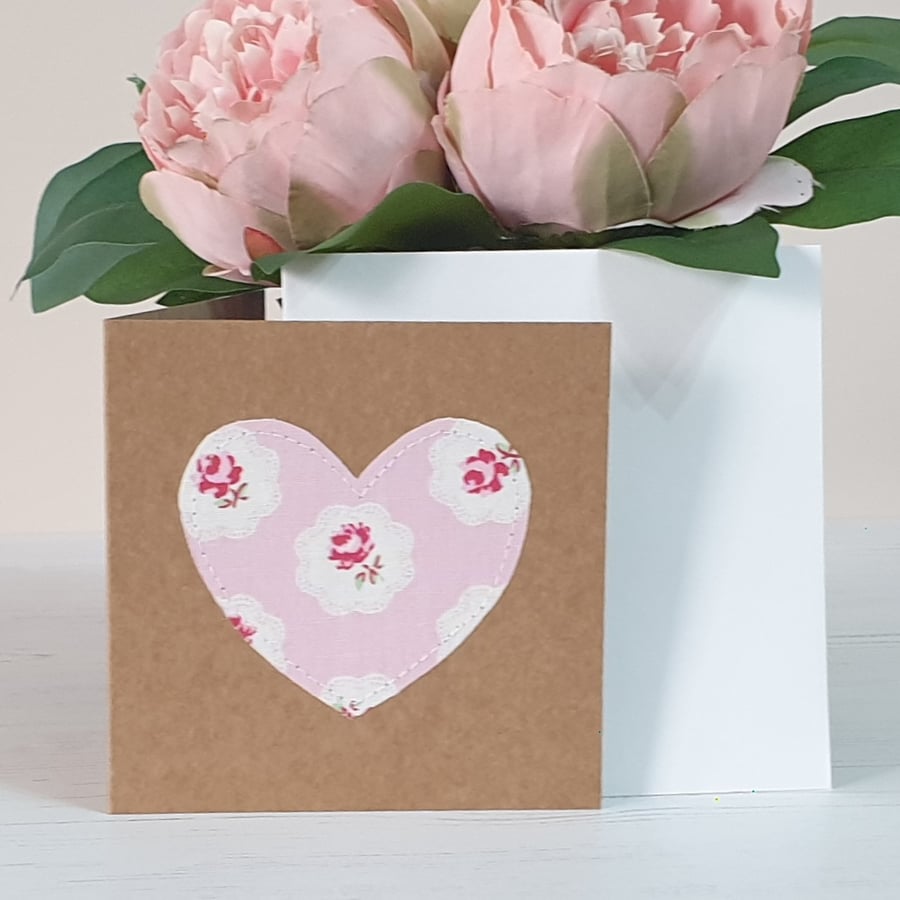 Handmade Textile Heart Card - Pink Floral