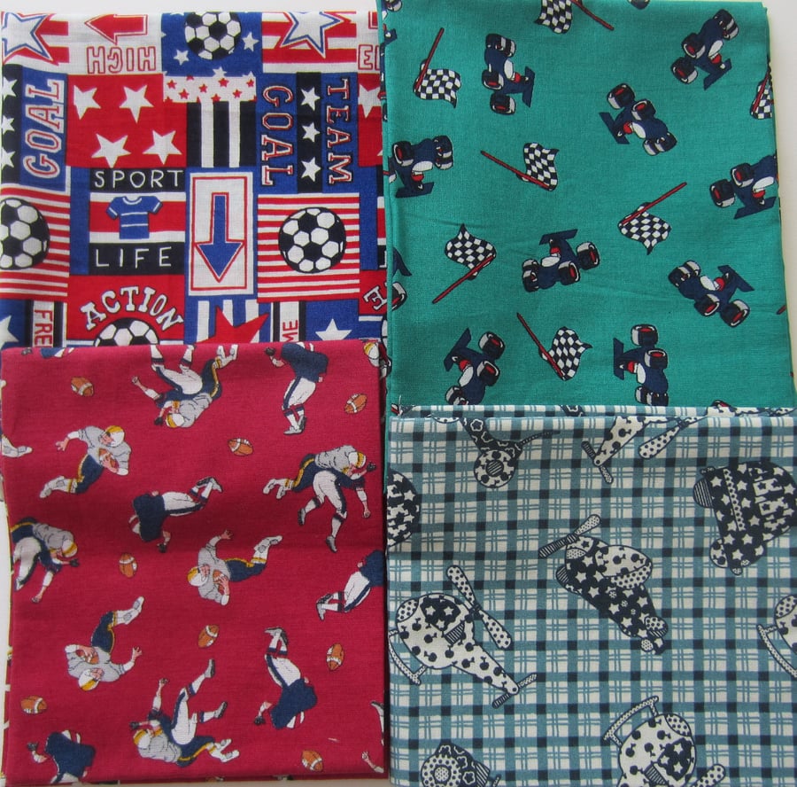 Bundle of 4 Sport and Vehicle Fabric Fat Quarters. 