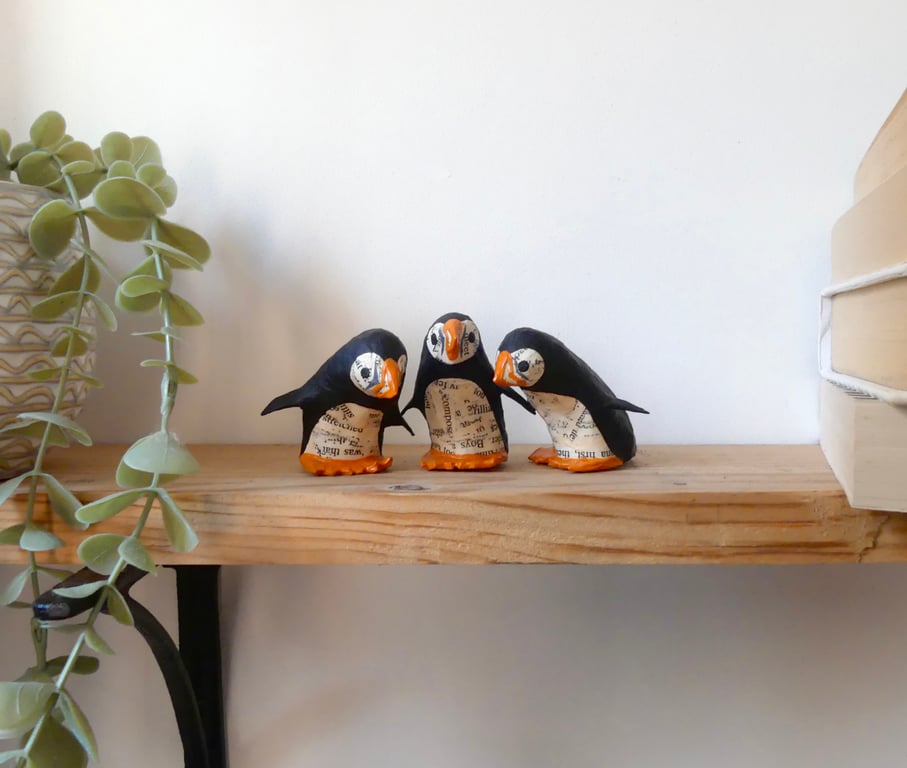 Handmade Paper Puffins, Art for Booklovers, Handmade Nature Inspired Joy Gift