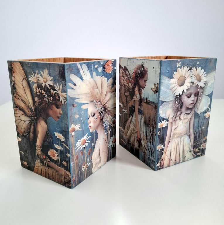 Handmade Fairy & Butterfly Wooden Pen Pot Set ot Two