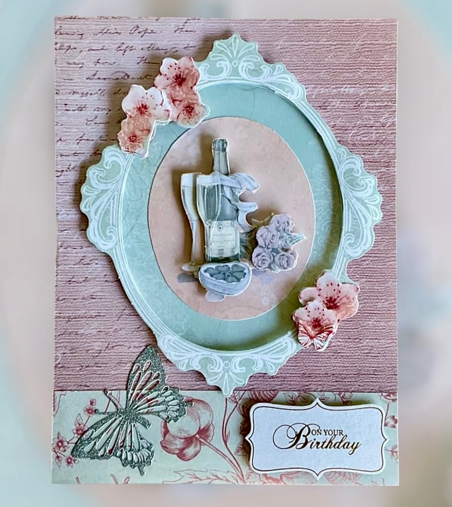 Champagne Birthday Card. Decoupage Card. 