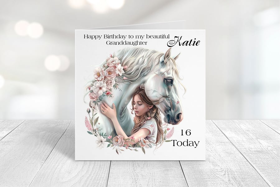 Personalised Girl & Horse Birthday Card. Design 6