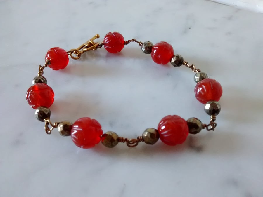 RED LOTUS  BRACELET - FLOWER CARVED BRACELET - CHRISTMAS GIFT  FREE UK  SHIPPING