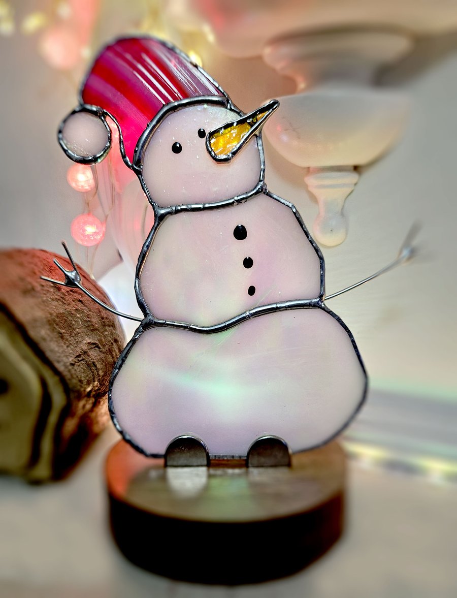 Snowman Stained Glass Lamp Suncatcher Tealight Holder Nightlight Christmas