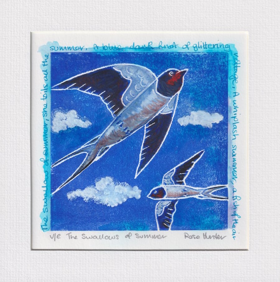 The swallows of summer -original hand painted lino print 002