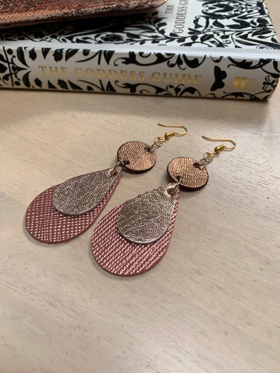 Handmade gold metallic leather dangle earrings free gift wrap