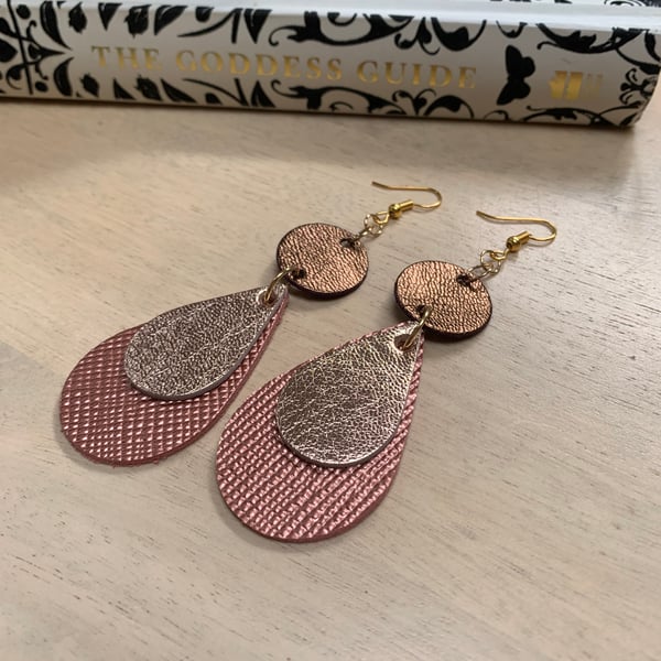 Handmade gold metallic leather dangle earrings free gift wrap