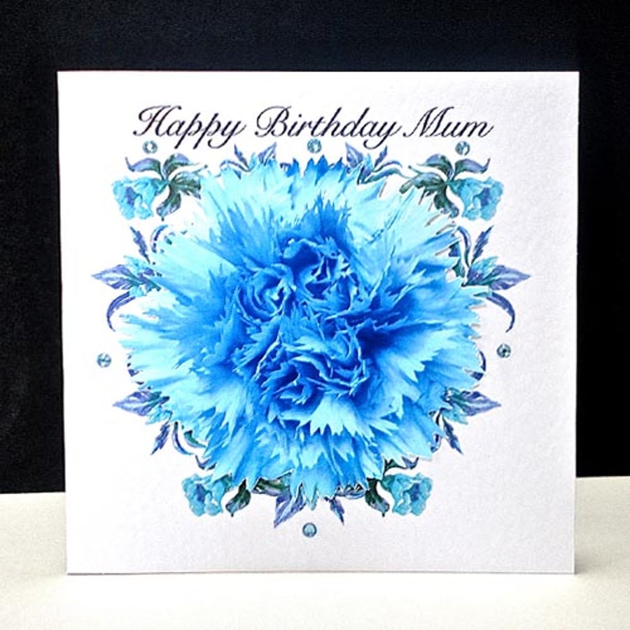 A Luxury Blue Carnation Happy Birthday Mum Handmade card - unique design