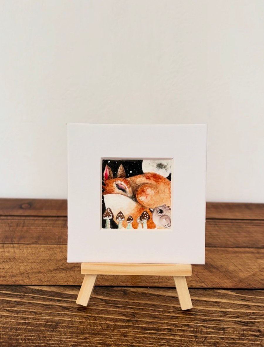 Image of Mounted Whimsical Hare Rabbit with Bird Robin in Moonlight Watercolour Edition 