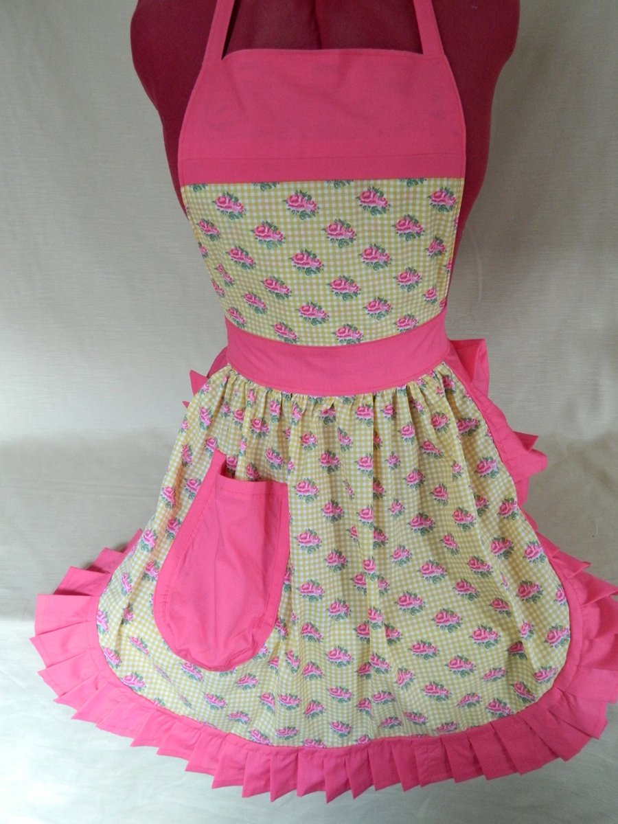 Vintage 50s Style Full Apron Pinny - Yellow & Pink with Pink Roses