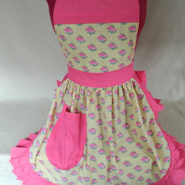 Vintage 50s Style Full Apron Pinny - Yellow & Pink with Pink Roses