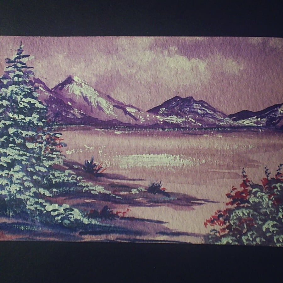 Art painting aceo SFA original paintings landscape purple mountains 69