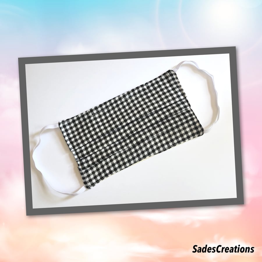Two Layer Face Covering with Nose Wire in Black & White Check. 100% Cotton