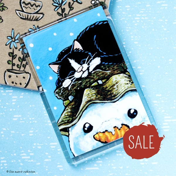 SALE - Sleeping Cat and Snowman Fridge Magnet - Jumbo