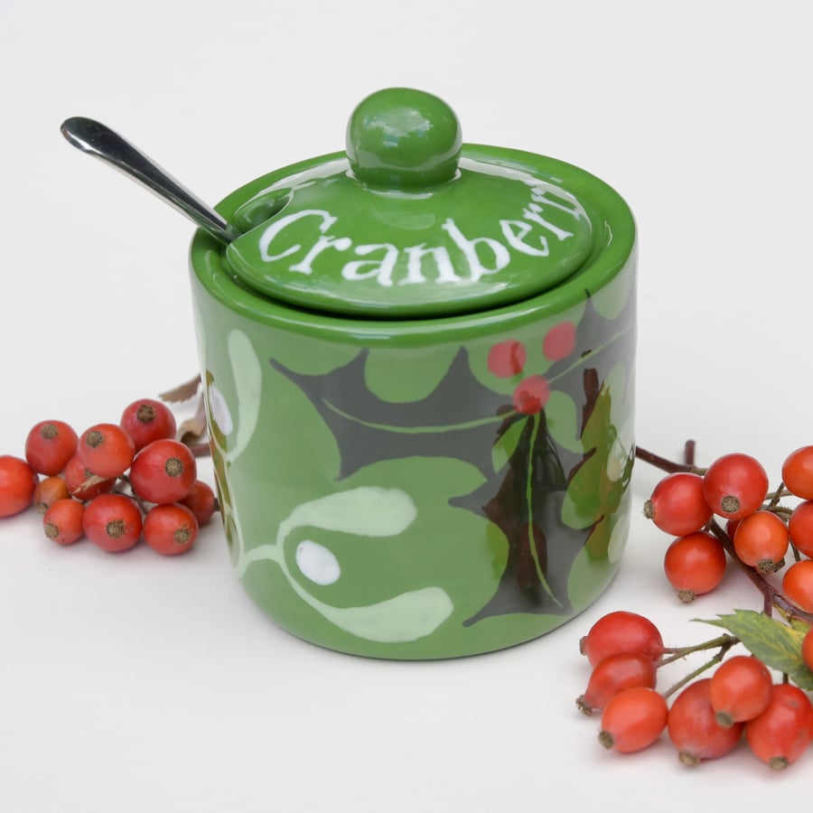 Christmas Holly & Mistletoe Cranberry Sauce Pot - Hand Painted - SALE