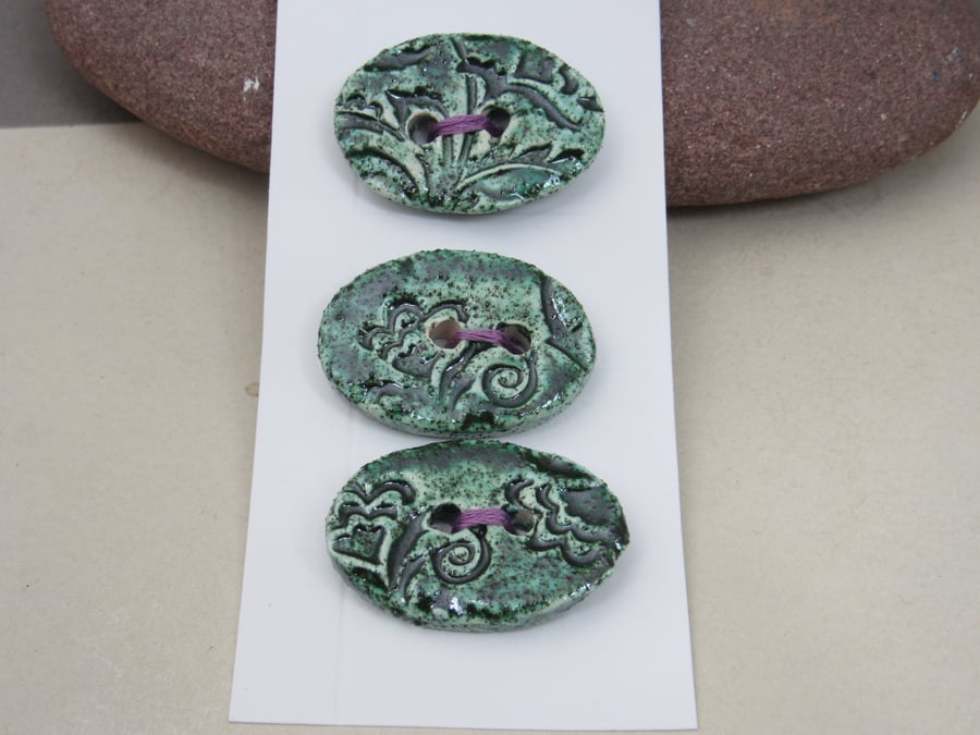 3 Medium Oval Dark Jade Green Brocade Pattern Ceramic Buttons