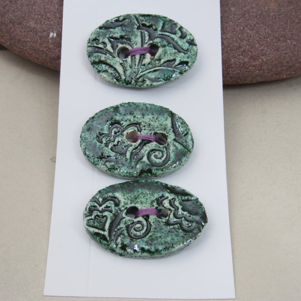 3 Medium Oval Jade Green Brocade Pattern Ceramic Buttons