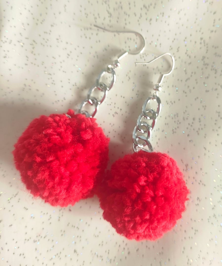 Red pom pom dangle earrings 