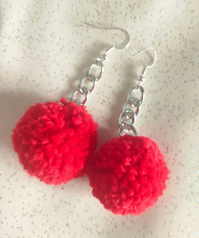 Red pom pom dangle earrings 