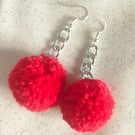 Red pom pom dangle earrings 