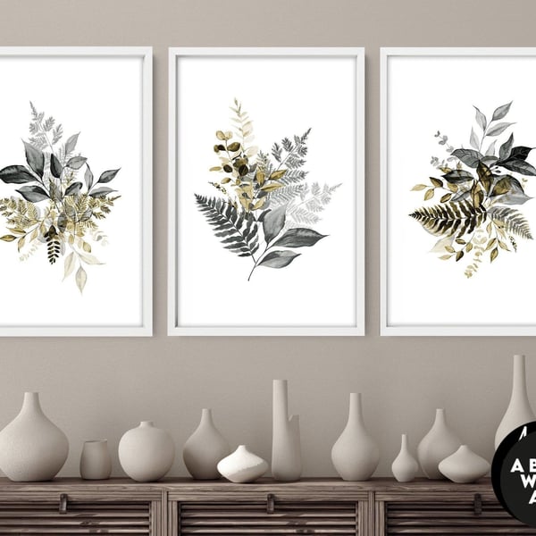 Botanical Illustration, Home Decor Wall Art, Set of 3 Prints, Living room Wall D