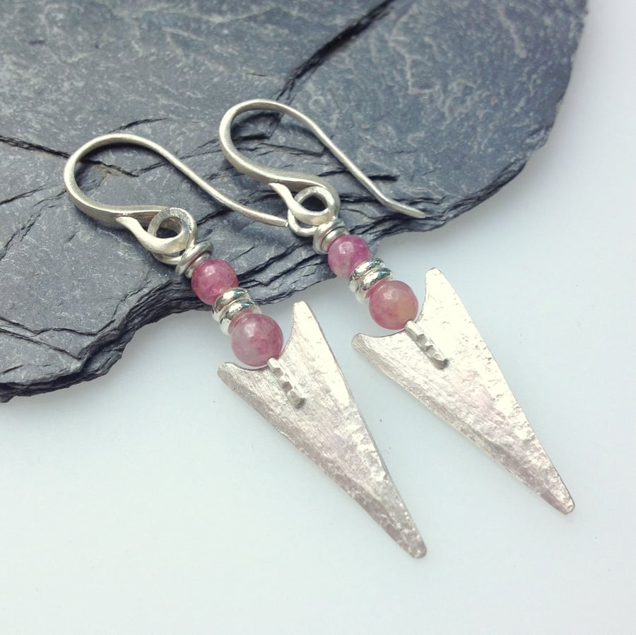 Pink tourmaline and silver arrowhead tribal earrings