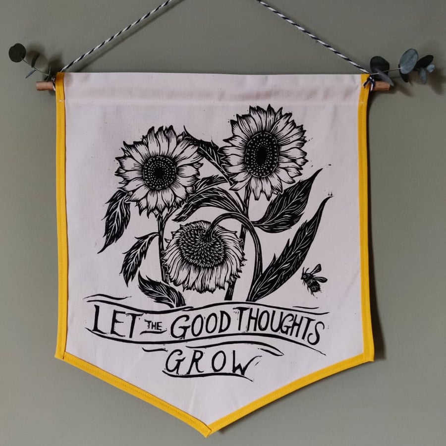 Let the Good Thoughts Grow Lino Print Sunflower Wall Hanging Banner Pennant