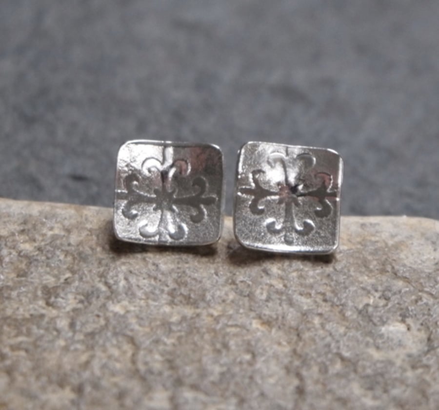 Argentium silver earrings, square earrings, silver studs