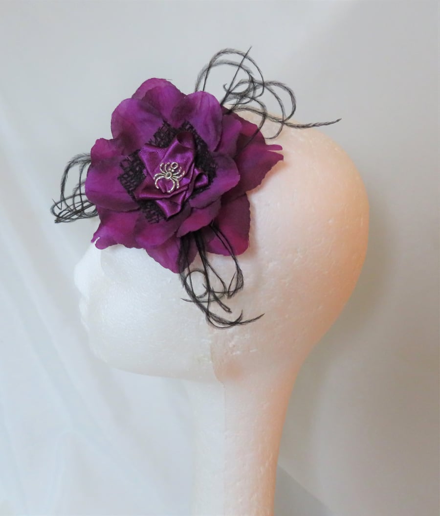 Dark Amethyst Purple & Black Rose Flower Spider Gothic Hair Clip 