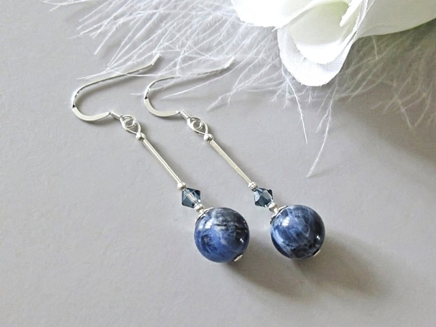 Dark Blue Sodalite Earrings With Two Tone Crystals & Sterling Silver Tubes