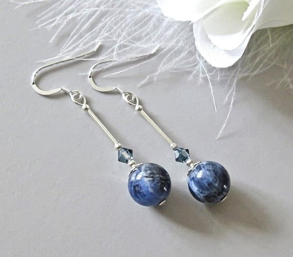Dark Blue Sodalite Earrings With Unique 2 Tone Crystals & Sterling Silver Tubes