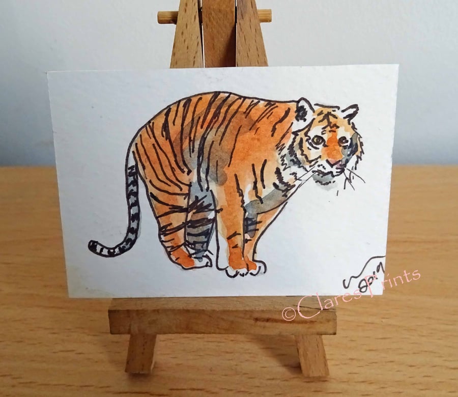 ACEO Animal Art Tiger Pounce Original Watercolour Ink Painting OOAK 