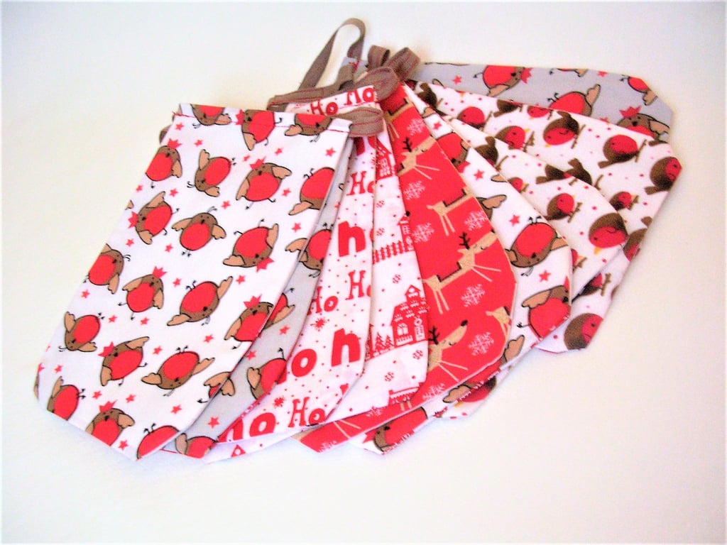 Christmas Bunting with Festive print Robins, Reindeer and Santas